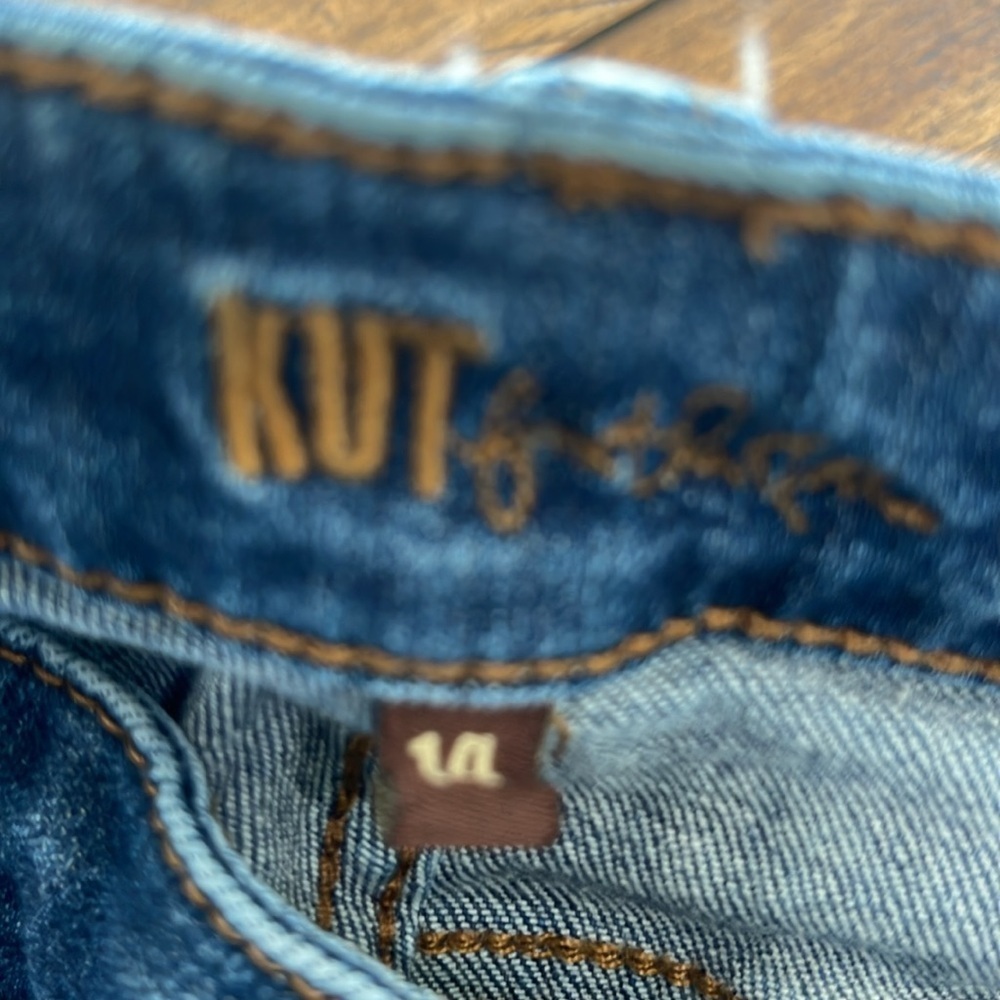 KUT blue denim jeans distressed torn straight leg high rise size 14 - Picture 12 of 14